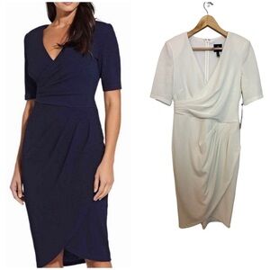 Adrianna Papell Rio Knot draped v neck sheath dress ivory short sleeve 8